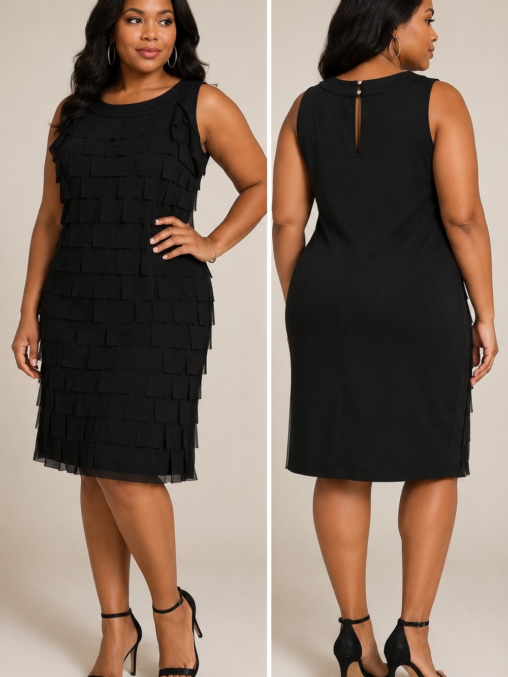 Ashley Stewart Black Sleeveless Tiered Fringe Midi Dress
